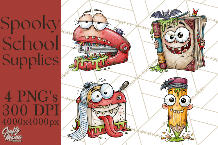 Creepy School Supplies Clipart PNG, Teacher Holiday Decor