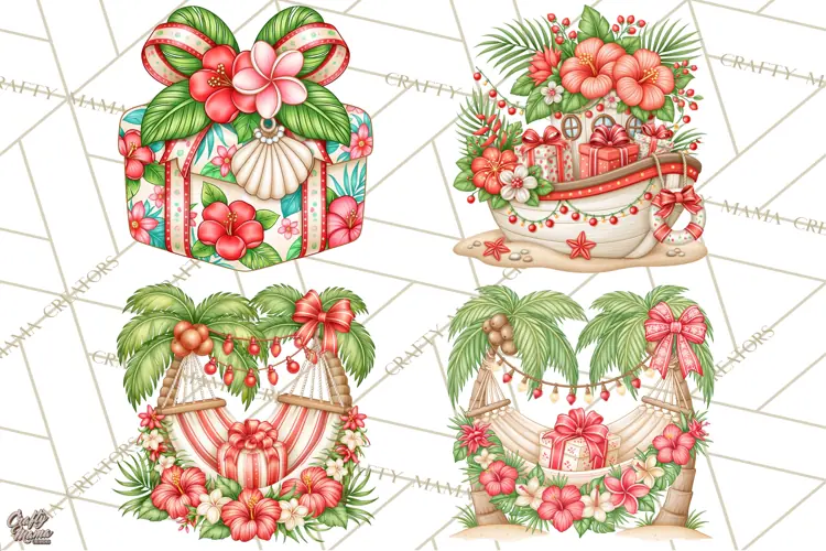 Tropical Christmas Beach Clipart PNG, Christmas Beach Decor