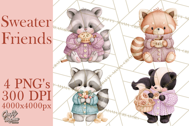 Cozy Fall Animals Clipart PNG, Fall Sweater Friends