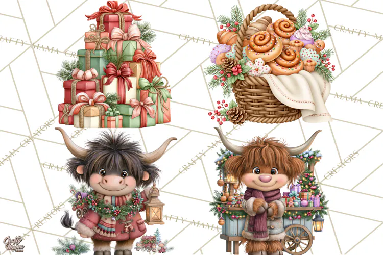 Highland Cow Christmas Village Clipart, Christmas Cow PNG