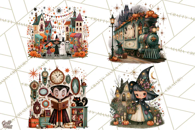Vintage Halloween Scenes PNG, Halloween Magic Clipart