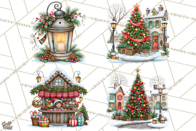 Tartan Christmas Village Clipart, Christmas Girl PNG, Plaid