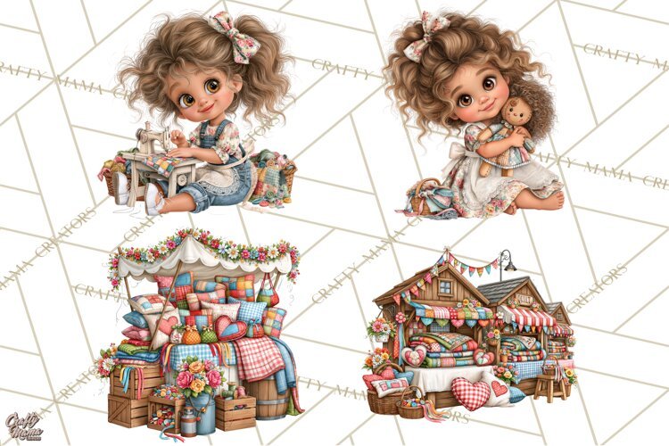 Patchwork Village Clipart PNG, Quilting Seamstress Quilt example image 1