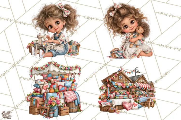 Patchwork Village Clipart PNG, Quilting Seamstress Quilt