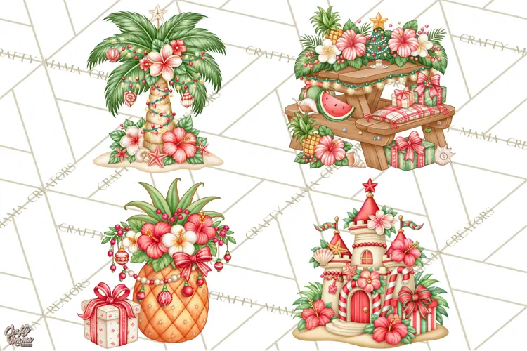 Tropical Christmas Beach Clipart PNG, Christmas Beach Decor