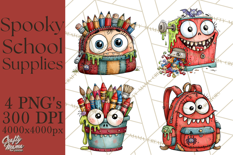 Creepy School Supplies Clipart PNG, Teacher Holiday Decor