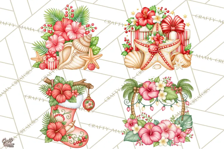 Tropical Christmas Beach Clipart PNG, Christmas Beach Decor