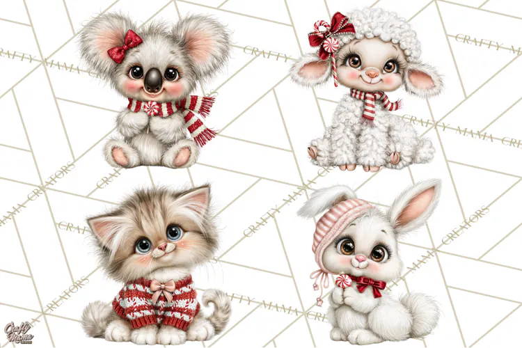 Peppermint Pals Christmas Animal Clipart PNG, Cute Candy