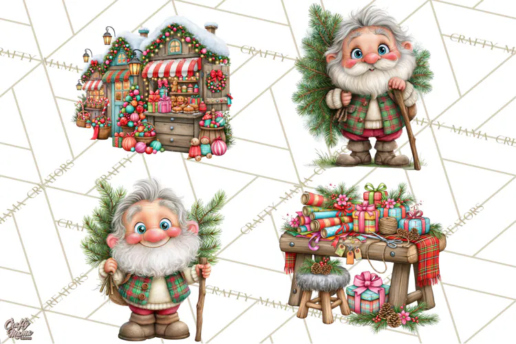 Tartan Christmas Village Clipart, Christmas Girl PNG, Plaid