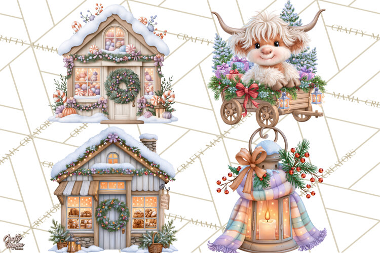 Highland Cow Christmas Village Clipart, Christmas Cow PNG example image 1