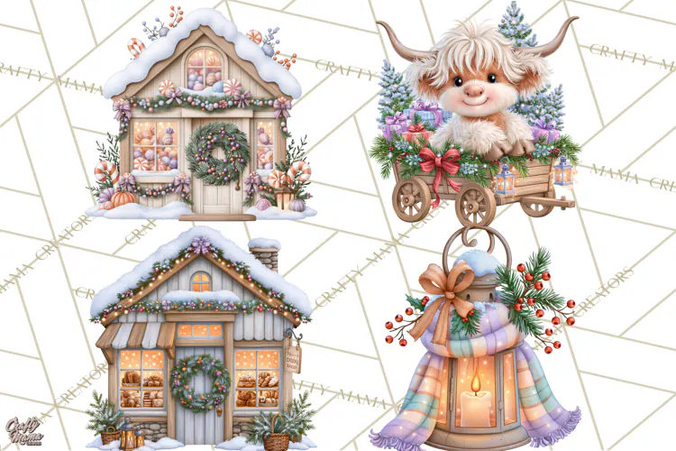 Highland Cow Christmas Village Clipart, Christmas Cow PNG