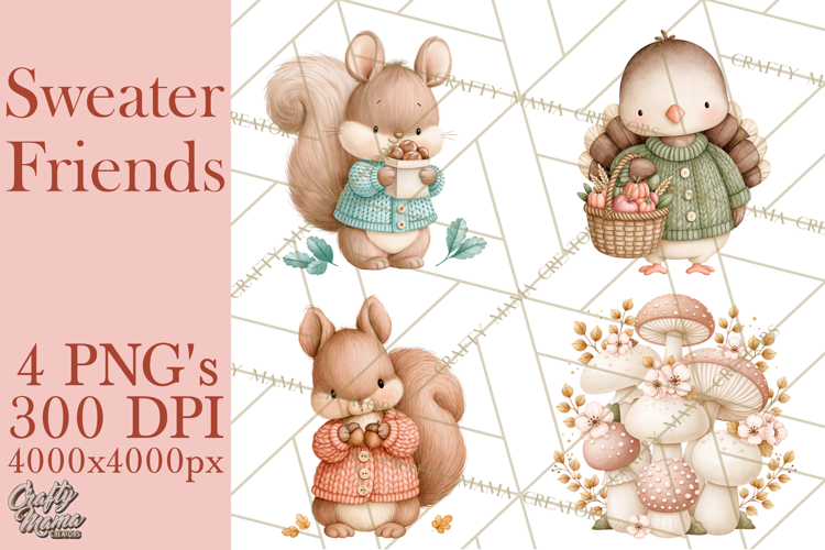 Cozy Fall Animals Clipart PNG, Fall Sweater Friends