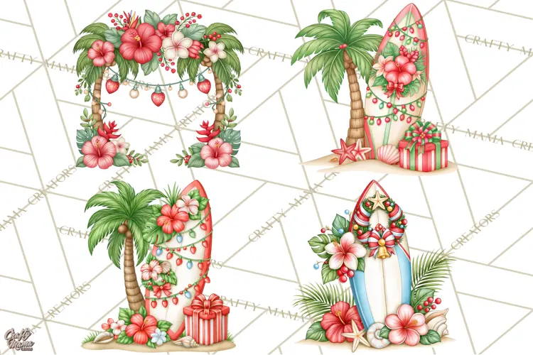 Tropical Christmas Beach Clipart PNG, Christmas Beach Decor