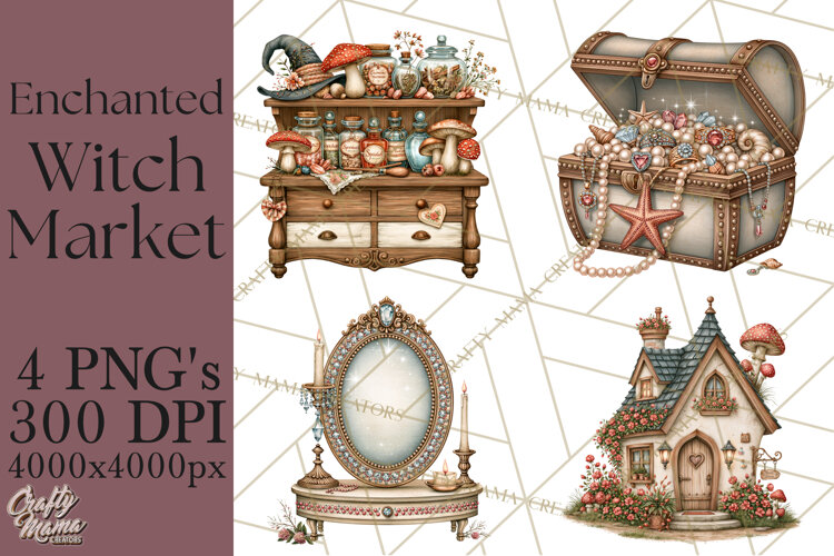 Enchanted Witch Market PNG Watercolor Clipart example image 1
