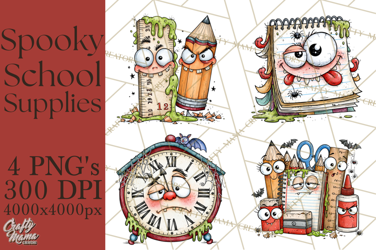Creepy School Supplies Clipart PNG, Teacher Holiday Decor