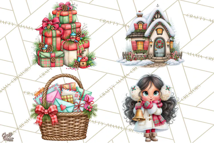 Tartan Christmas Village Clipart, Christmas Girl PNG, Plaid