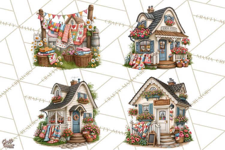 Patchwork Village Clipart PNG, Quilting Seamstress Quilt example image 1
