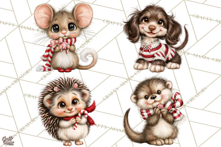 Peppermint Pals Christmas Animal Clipart PNG, Cute Candy