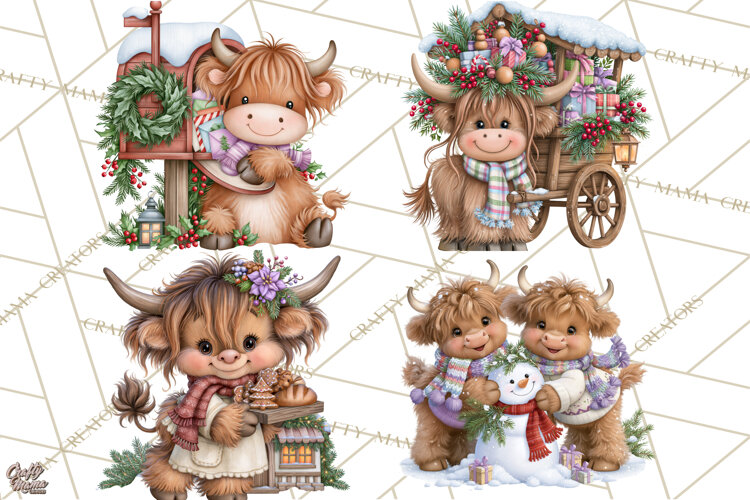 Highland Cow Christmas Village Clipart, Christmas Cow PNG example image 1