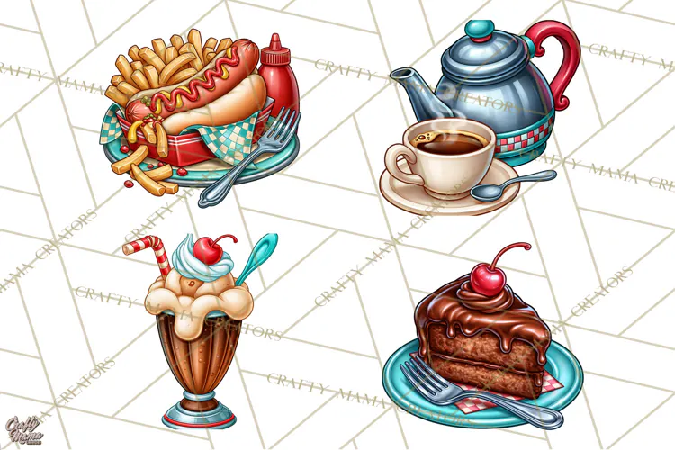 Retro Diner Clipart PNG 1950s Vintage Food Jukebox