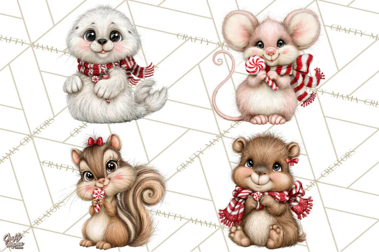 Peppermint Pals Christmas Animal Clipart PNG, Cute Candy