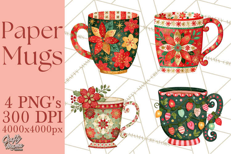 Patterned Christmas Coffee Mug Clipart PNG, Cozy Drinks example image 1