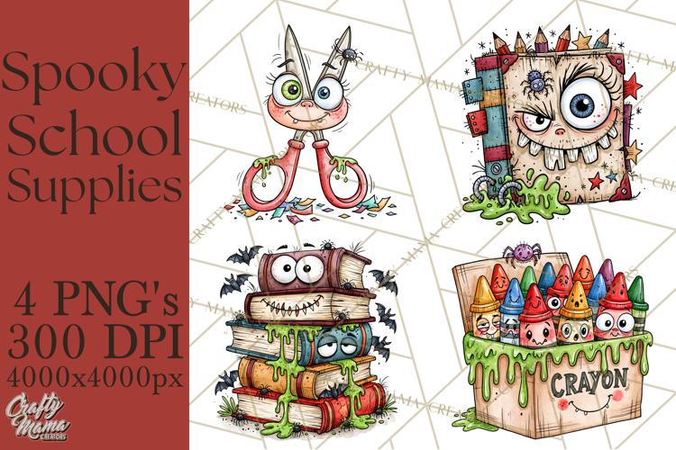 Creepy School Supplies Clipart PNG, Teacher Holiday Decor