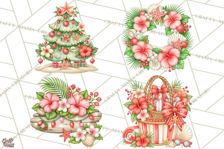 Tropical Christmas Beach Clipart PNG, Christmas Beach Decor