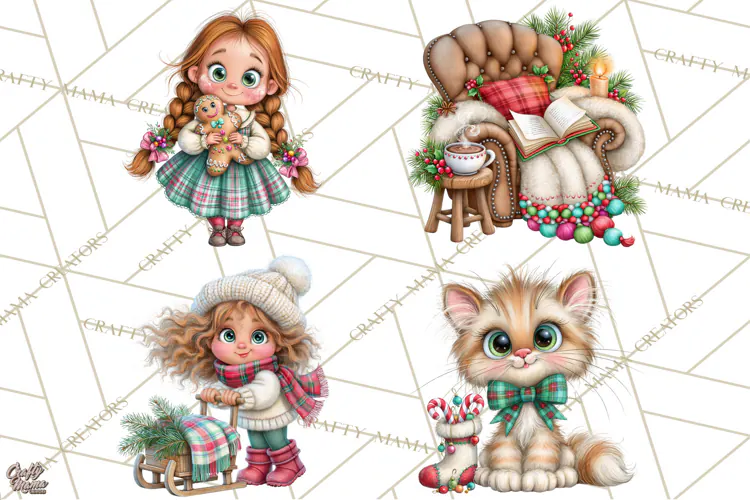 Tartan Christmas Village Clipart, Christmas Girl PNG, Plaid