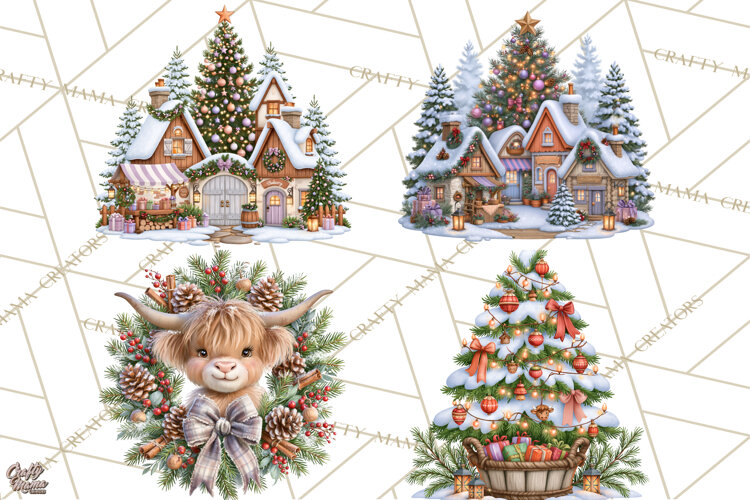 Highland Cow Christmas Village Clipart, Christmas Cow PNG example image 1