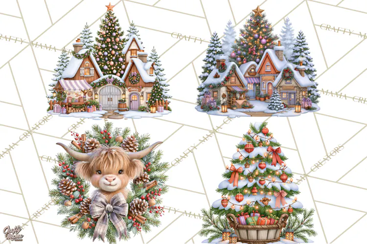 Highland Cow Christmas Village Clipart, Christmas Cow PNG