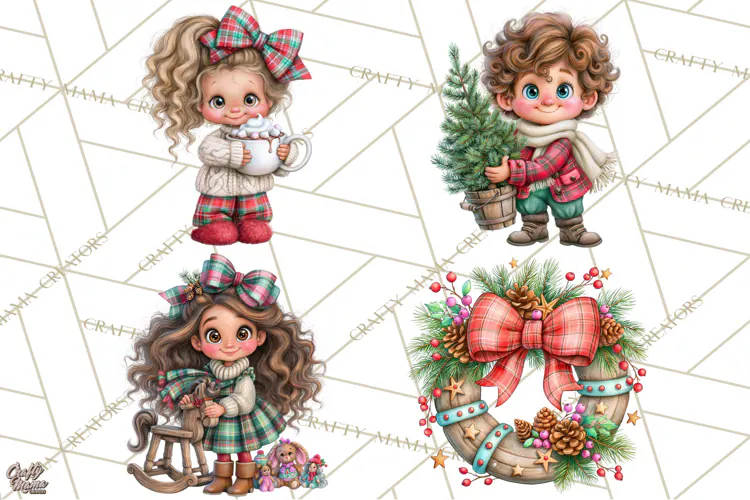 Tartan Christmas Village Clipart, Christmas Girl PNG, Plaid