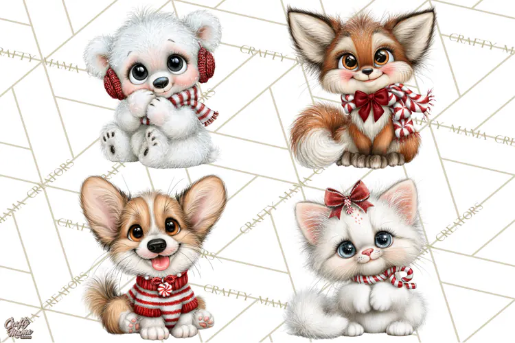 Peppermint Pals Christmas Animal Clipart PNG, Cute Candy