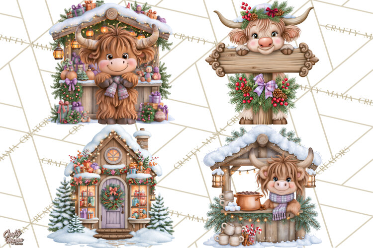 Highland Cow Christmas Village Clipart, Christmas Cow PNG example image 1