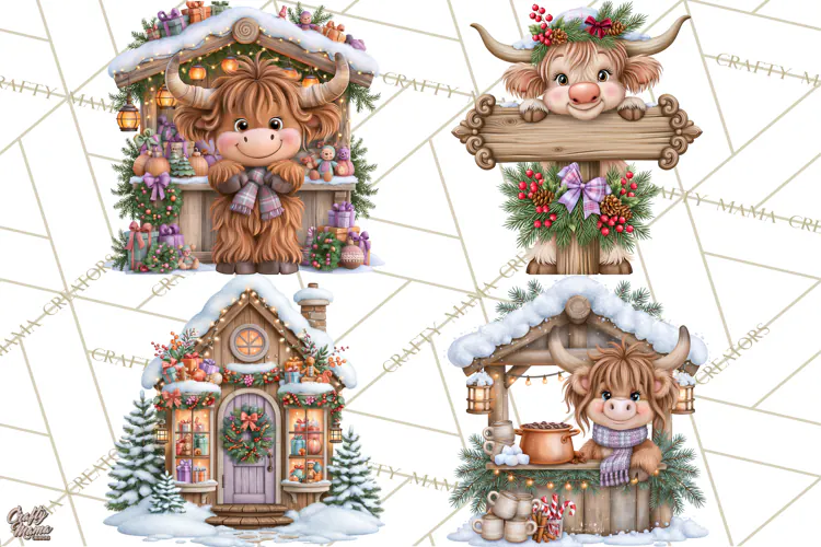 Highland Cow Christmas Village Clipart, Christmas Cow PNG
