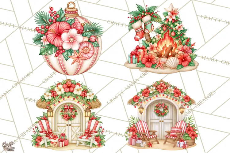 Tropical Christmas Beach Clipart PNG, Christmas Beach Decor