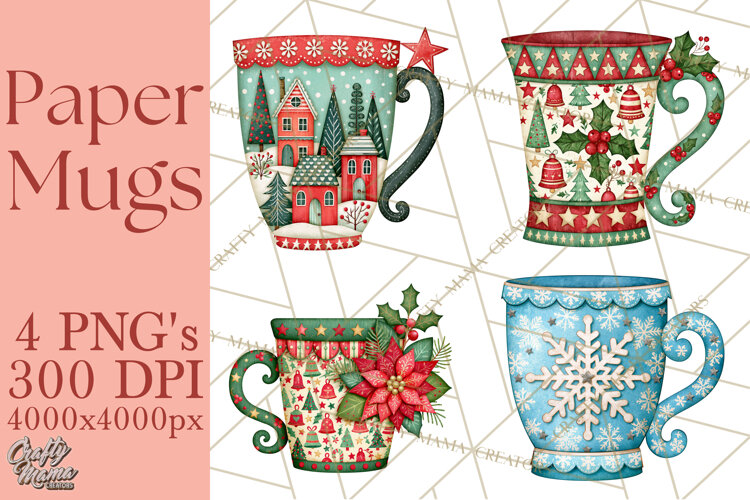Patterned Christmas Coffee Mug Clipart PNG, Cozy Drinks example image 1