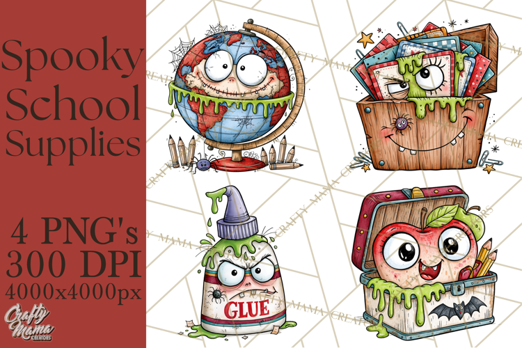 Creepy School Supplies Clipart PNG, Teacher Holiday Decor