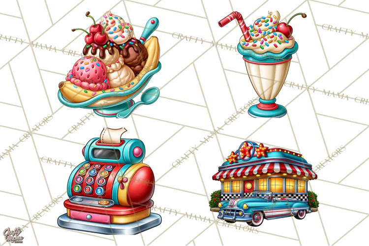 Retro Diner Clipart PNG 1950s Vintage Food Jukebox