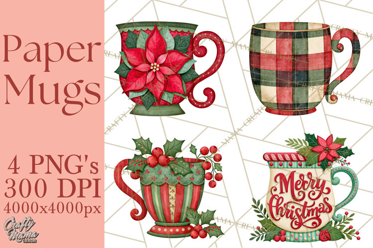 Patterned Christmas Coffee Mug Clipart PNG, Cozy Drinks example image 1