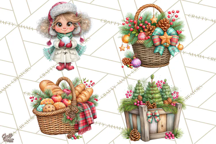 Tartan Christmas Village Clipart, Christmas Girl PNG, Plaid