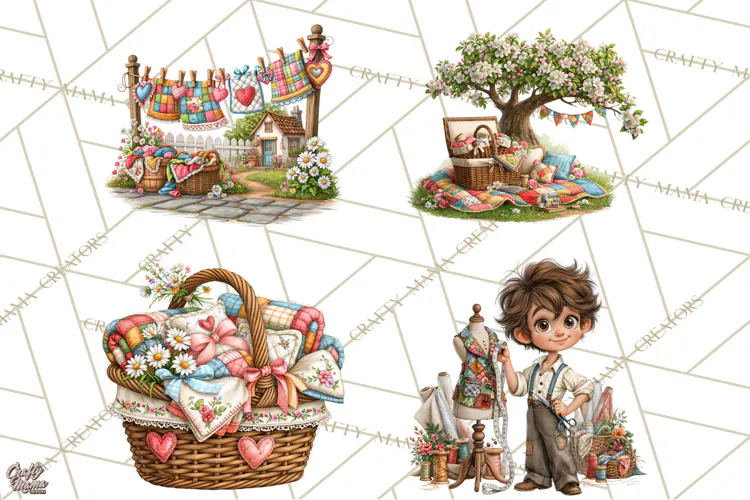 Patchwork Village Clipart PNG, Quilting Seamstress Quilt