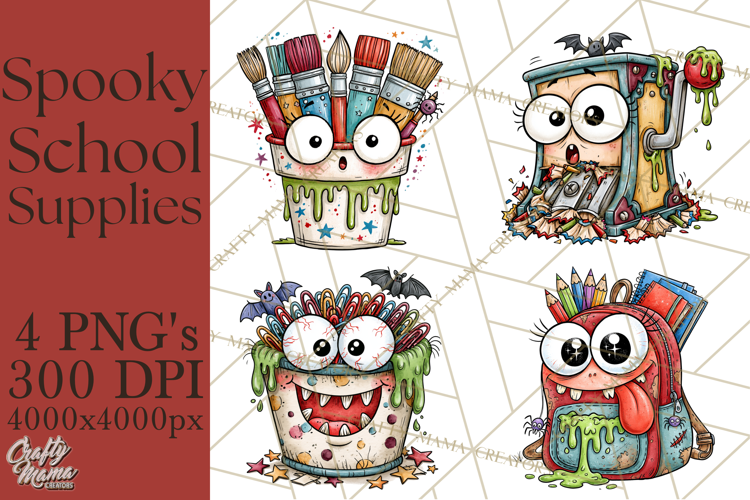 Creepy School Supplies Clipart PNG, Teacher Holiday Decor