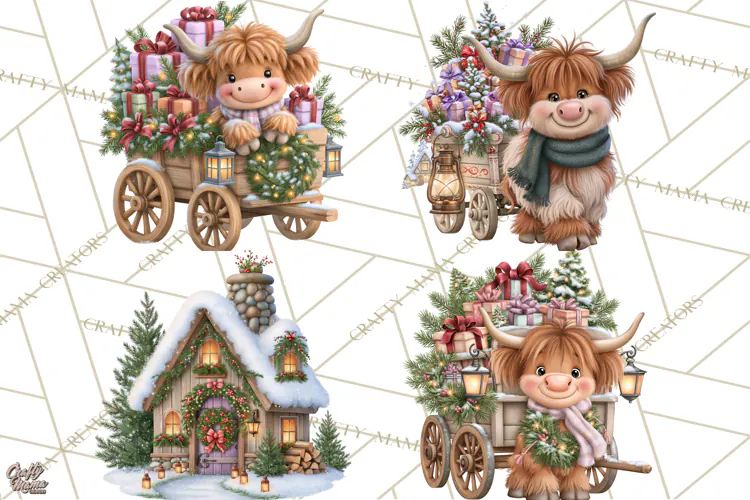 Highland Cow Christmas Village Clipart, Christmas Cow PNG