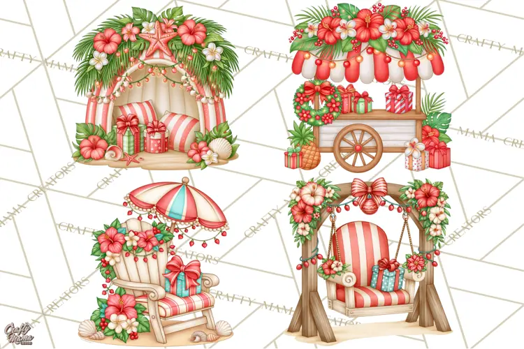Tropical Christmas Beach Clipart PNG, Christmas Beach Decor