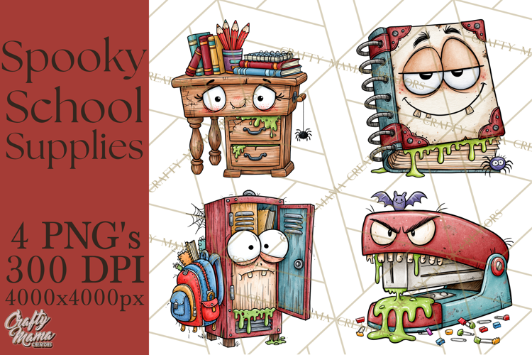 Creepy School Supplies Clipart PNG, Teacher Holiday Decor