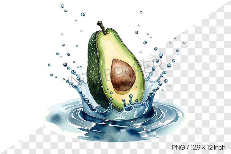 Watercolor illust of an avocado that fell into the water PNG