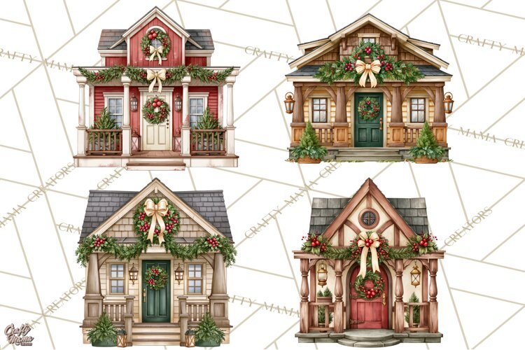 Vintage Christmas Homes Clipart, Christmas House PNG example image 1