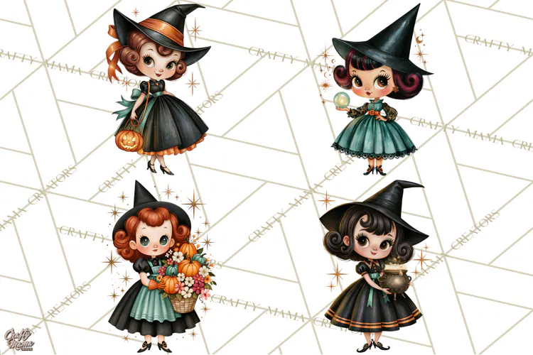 Vintage Halloween Characters Clipart, Retro Witch PNG, 1950s