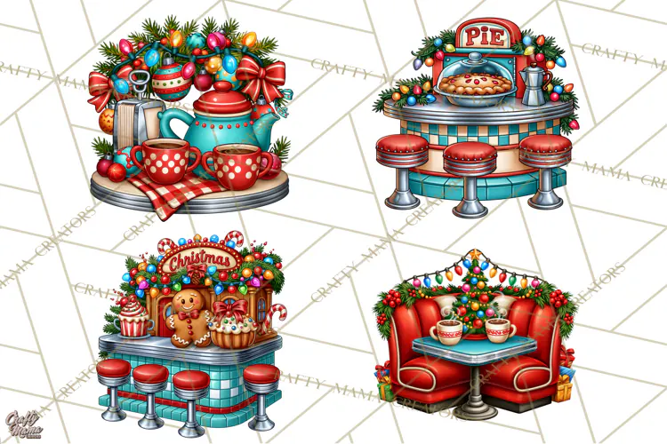 Christmas Retro Diner Clipart PNG 1950s Holiday Food & Decor